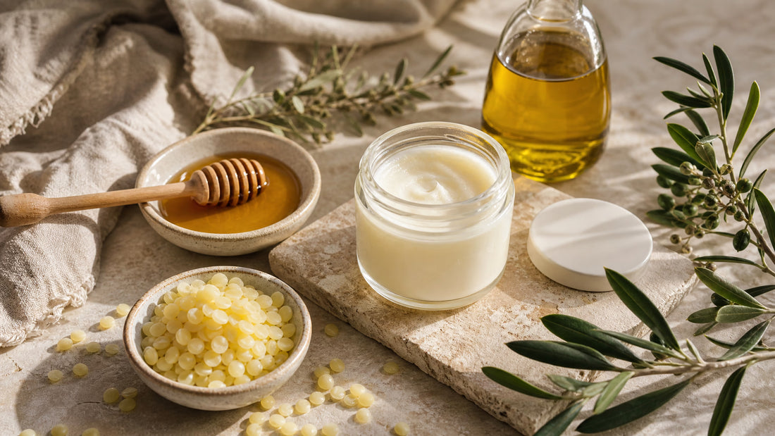 Beef tallow balm with raw honey and beeswax for simple skincare