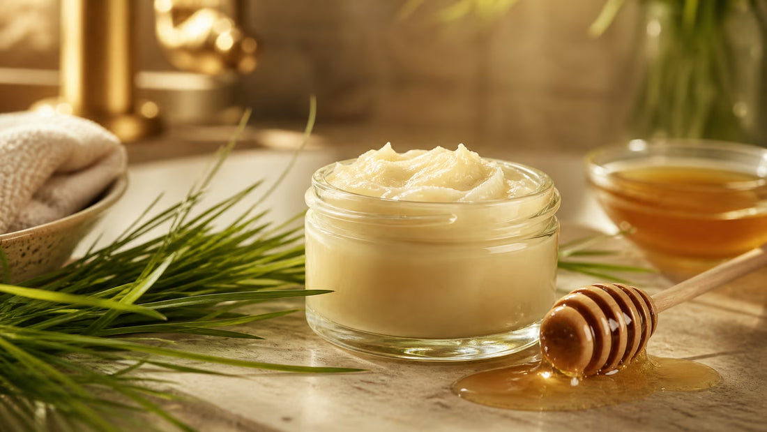 Natural beef tallow balm texture with honey dipper for skin benefits article
