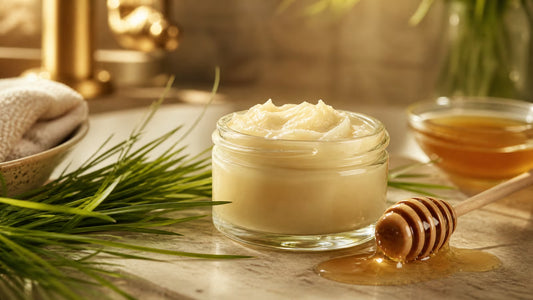Natural beef tallow balm texture with honey dipper for skin benefits article