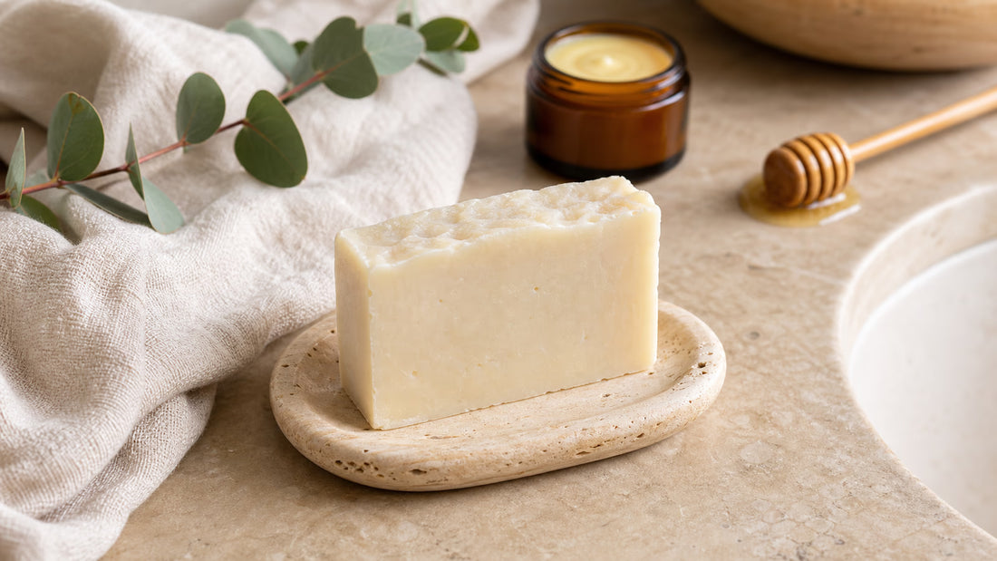 Beef tallow soap bar in Australia with natural low-tox skincare ingredients and soft bathroom styling