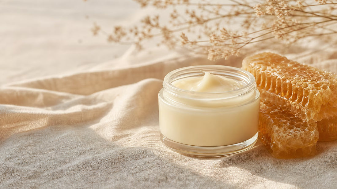 Jar of grass-fed beef tallow balm with honeycomb for a guide to choosing beef tallow for skin
