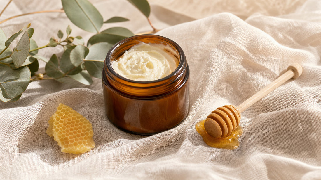 Best tallow balm Australia comparison with unbranded balm jar, honey dipper and natural skincare ingredients