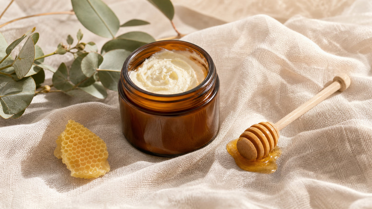Best tallow balm Australia comparison with unbranded balm jar, honey dipper and natural skincare ingredients
