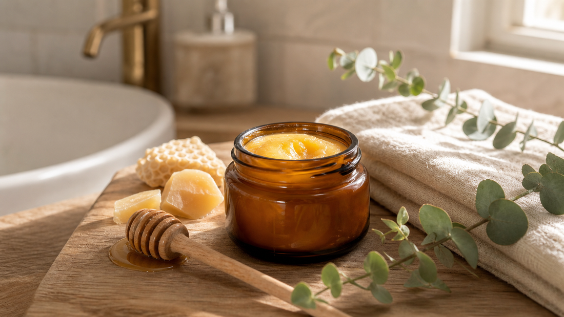Australian made tallow and honey balm in amber glass with honey and beeswax