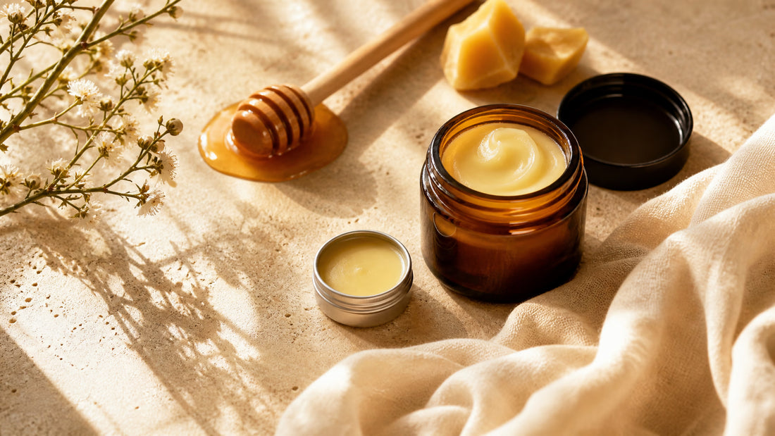 Tallow and honey balm with lip balm tin and honey dipper for dry-feeling lips