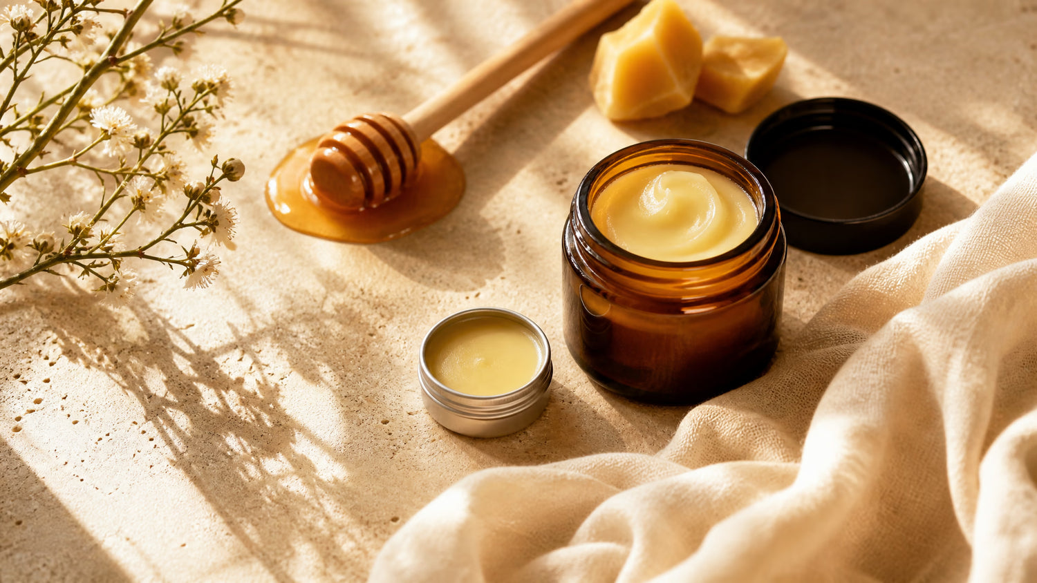 Tallow and honey balm with lip balm tin and honey dipper for dry-feeling lips
