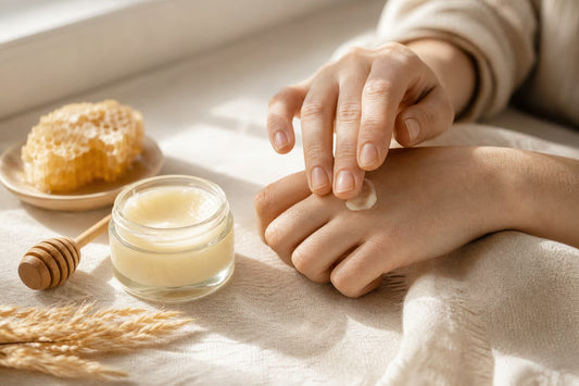 Hands applying a small amount of tallow balm to dry skin