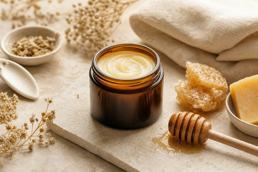 Tallow and honey balm jar with honeycomb for dry and sensitive skin benefits
