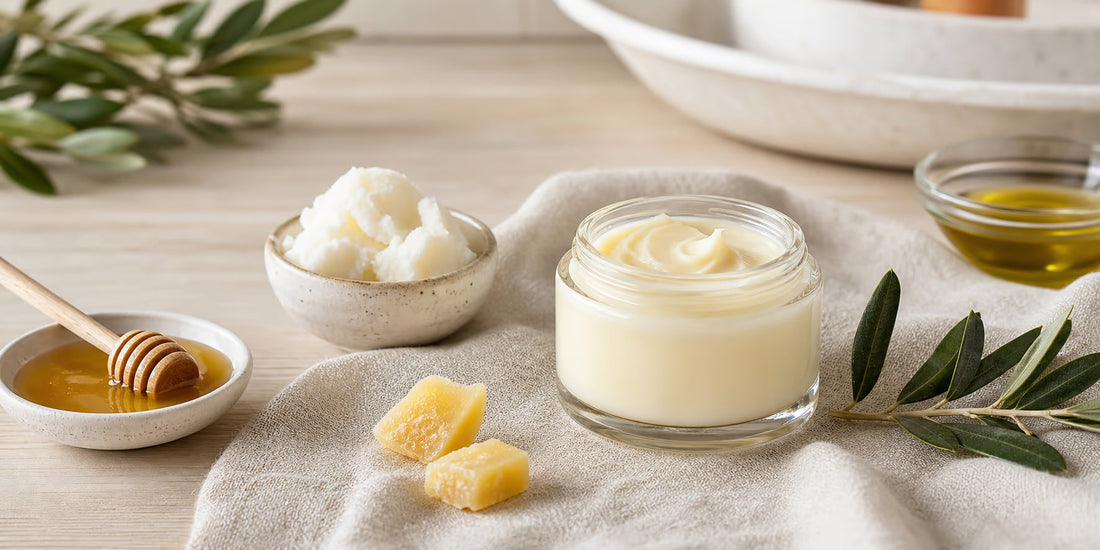 Tallow and honey balm ingredients with raw honey, beeswax, olive oil and an open balm jar