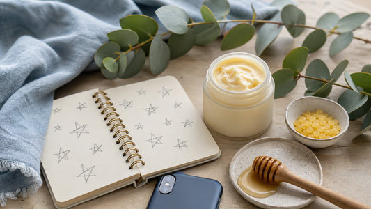 Tallow and honey balm review setup with notebook, honey dipper and unbranded skincare jar