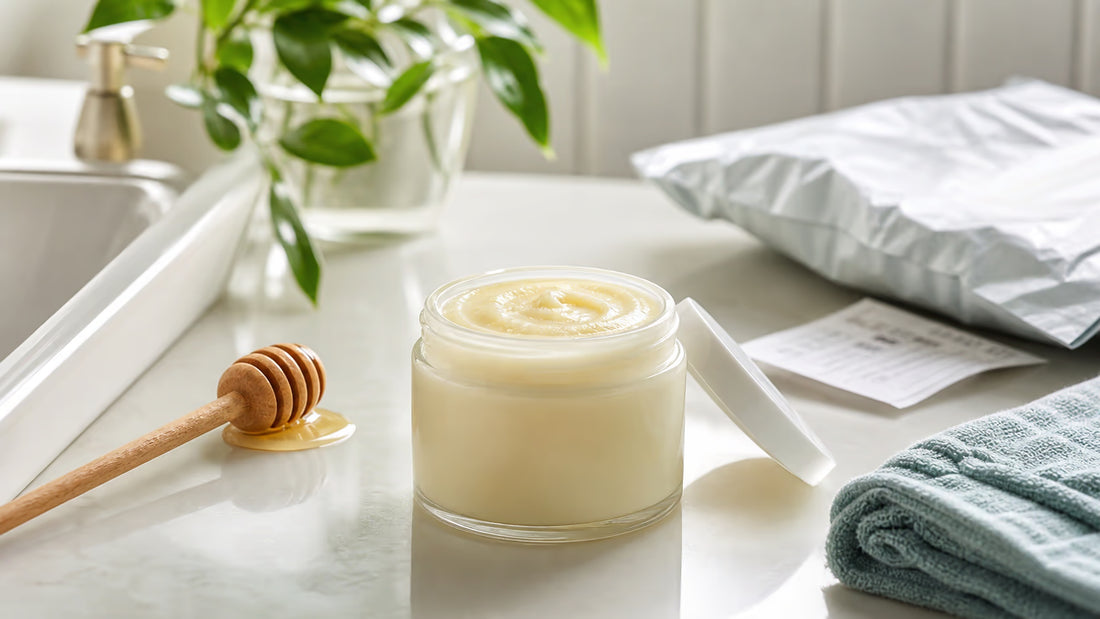 Unbranded tallow balm jar on a bathroom vanity with honey dipper and online shopping parcel