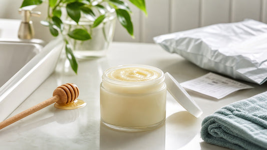 Unbranded tallow balm jar on a bathroom vanity with honey dipper and online shopping parcel