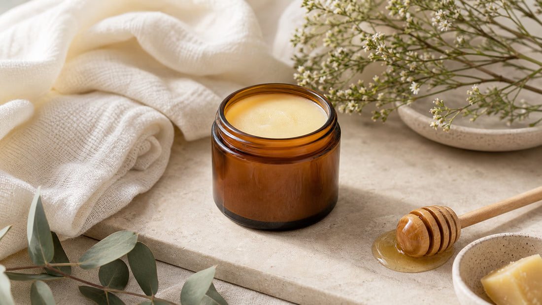 Gentle tallow balm for sensitive-feeling skin with cotton cloth and simple natural skincare ingredients