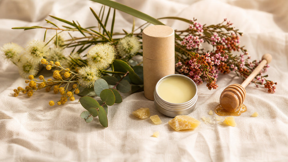Natural tallow lip balm with honey and beeswax on cream linen