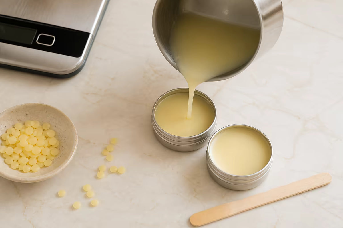 Homemade tallow lip balm poured into tins beside beeswax and a kitchen scale