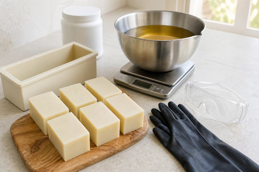 Tallow soap bars beside protective gloves, goggles, a mould and a mixing bowl
