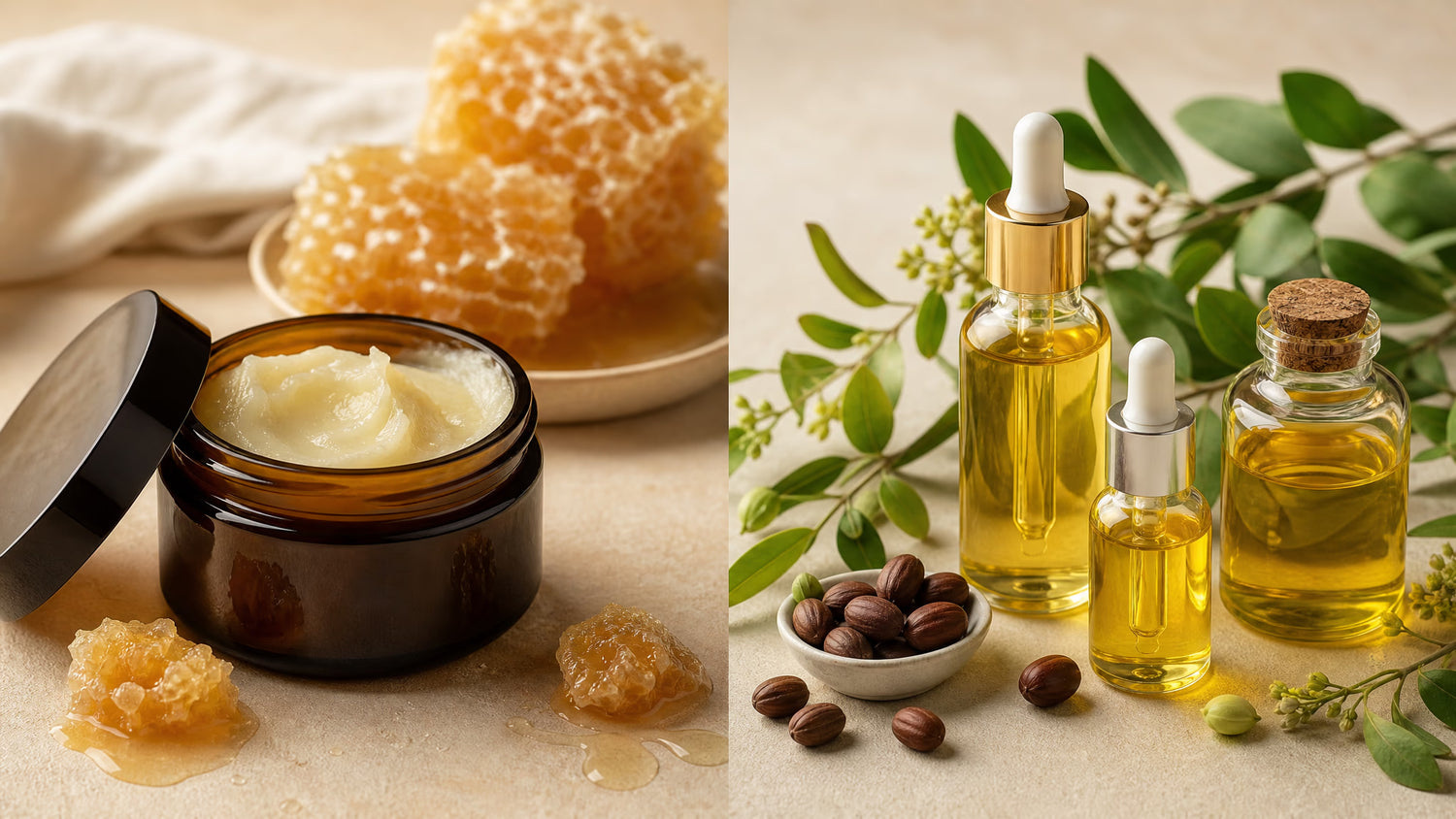Natural skincare flat lay comparing tallow balm with plant oils