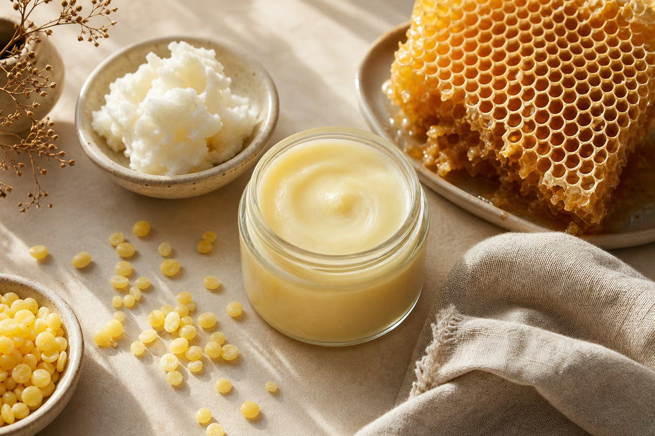 Tallow and honey balm ingredients including tallow, honeycomb and beeswax