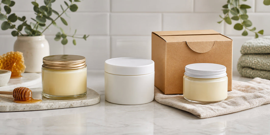 Unbranded tallow and honey balm jars comparing online, direct and chemist buying options
