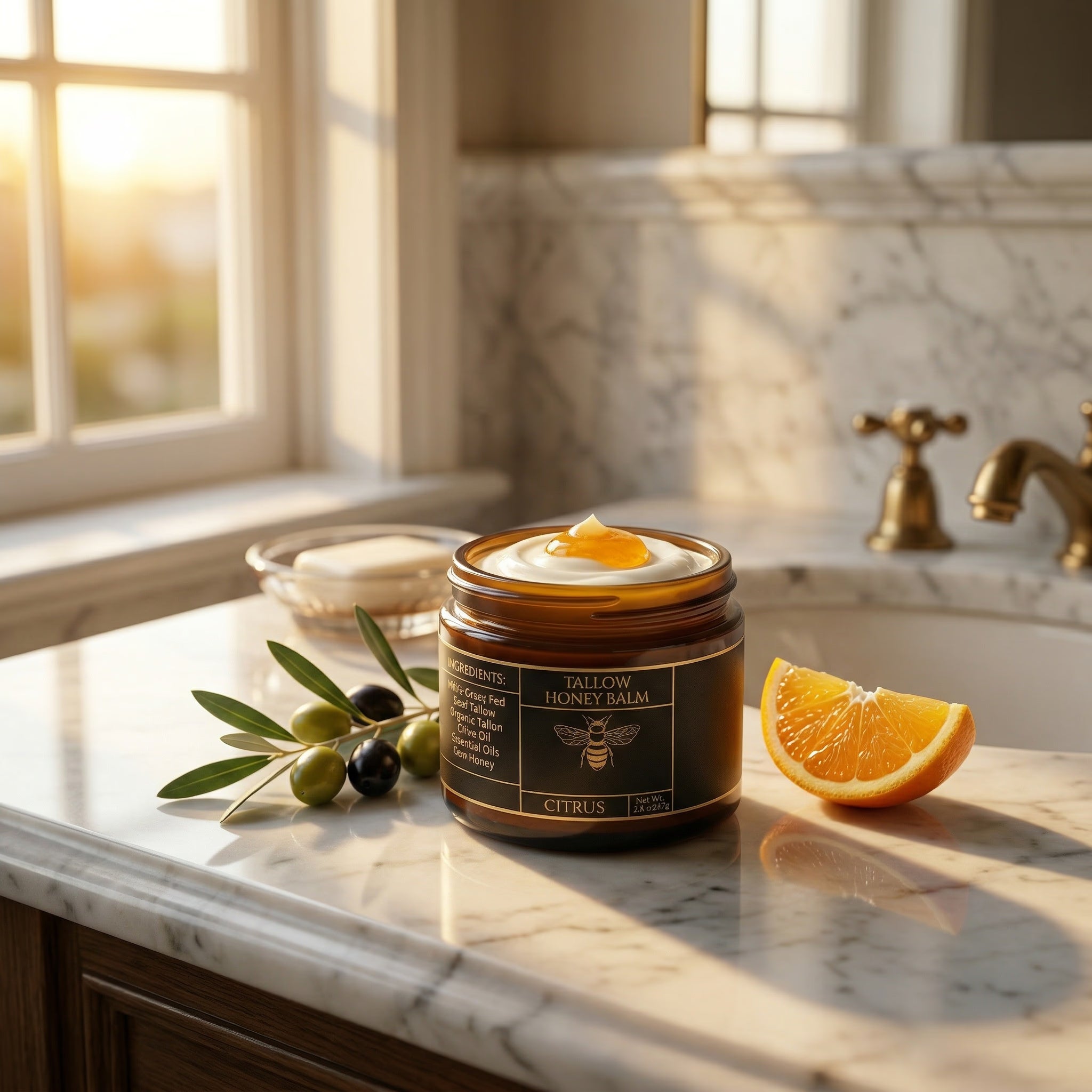 Grass-fed tallow and honey balm in amber jar for dry skin