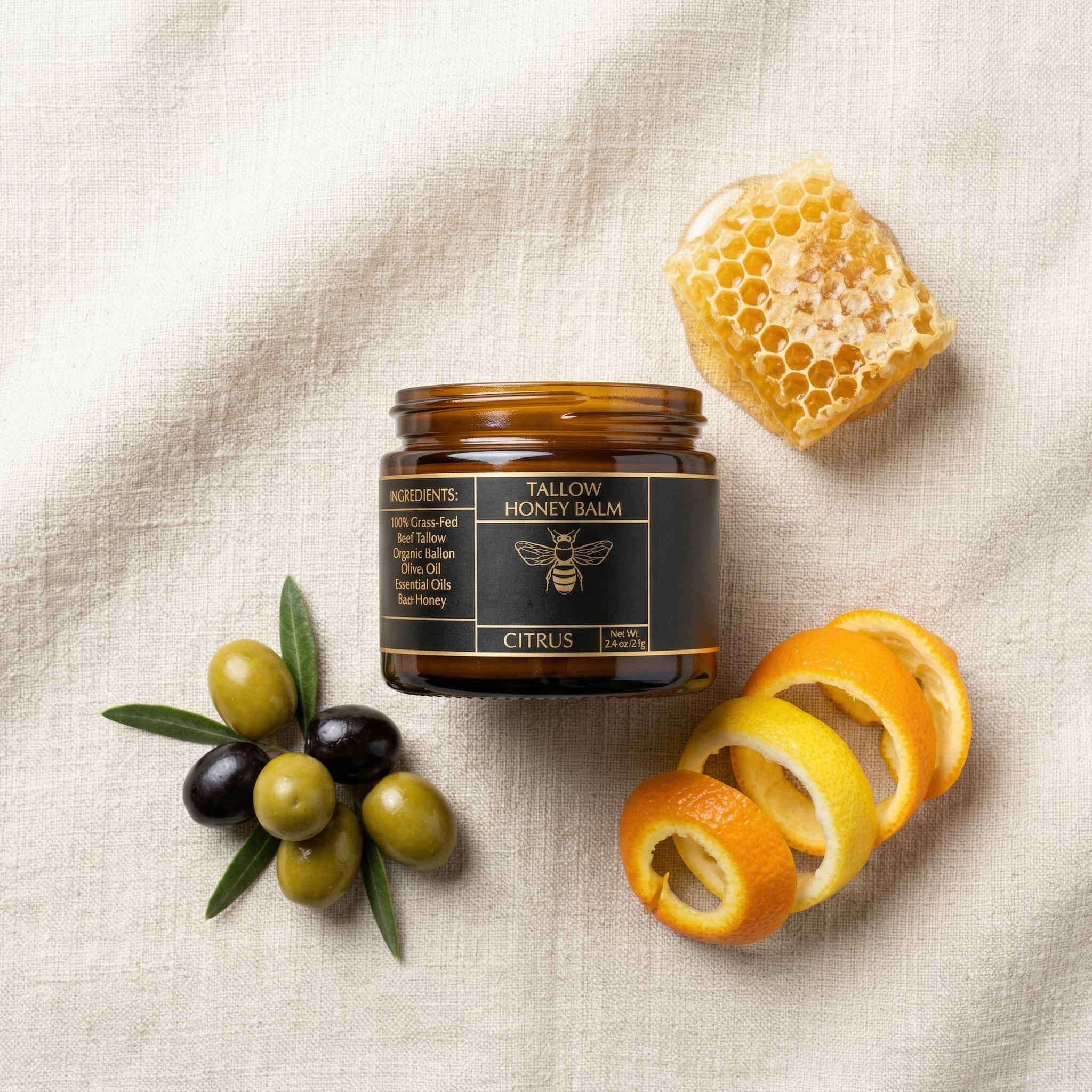 Close-up of tallow balm texture with raw honey skincare ingredients