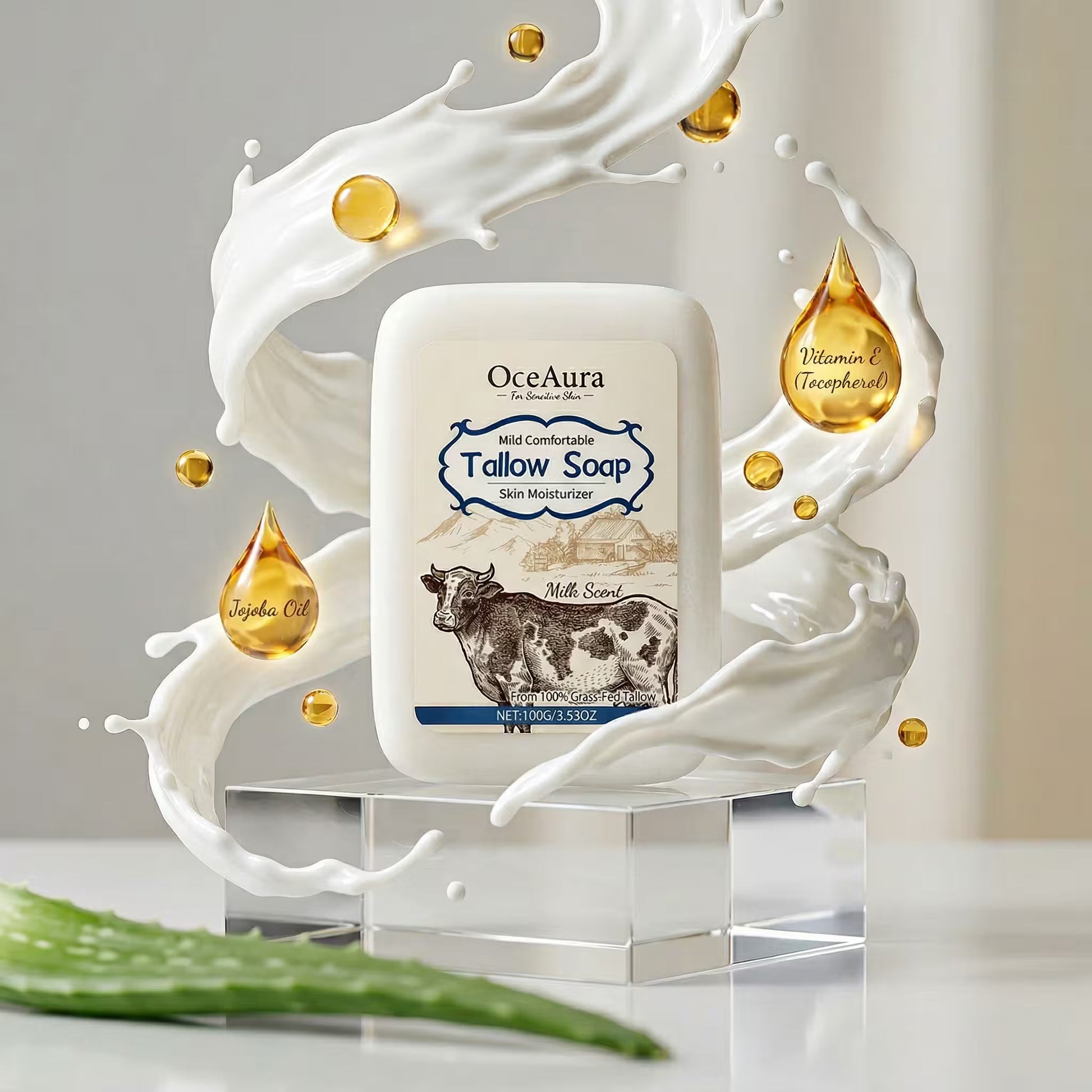 Grass-fed tallow soap with jojoba, aloe, and milk scent; 100g bar for gentle hydration.